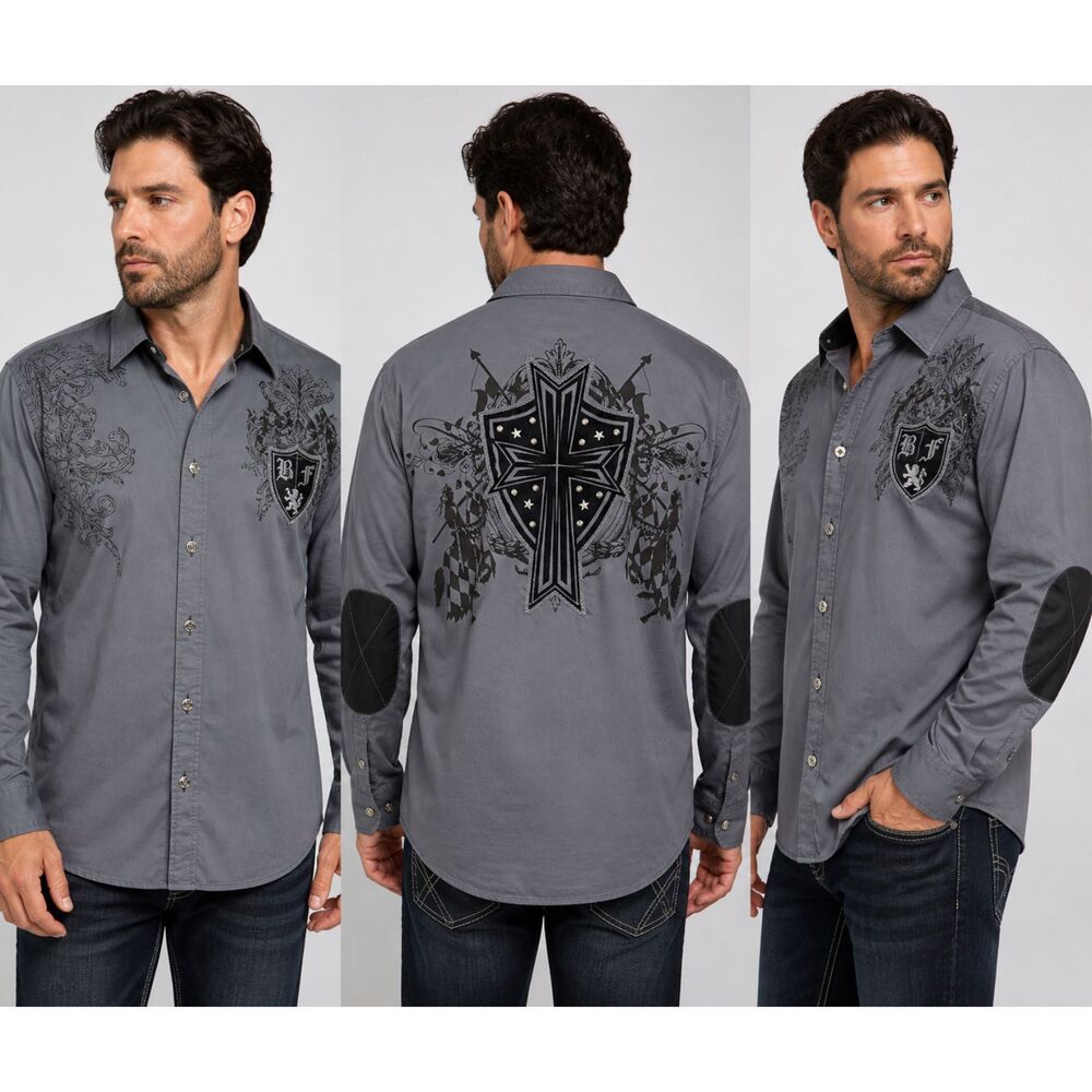 Bare Fox Men’s 3XL Gray Western Snap Shirt Cross Studded Biker Graphic